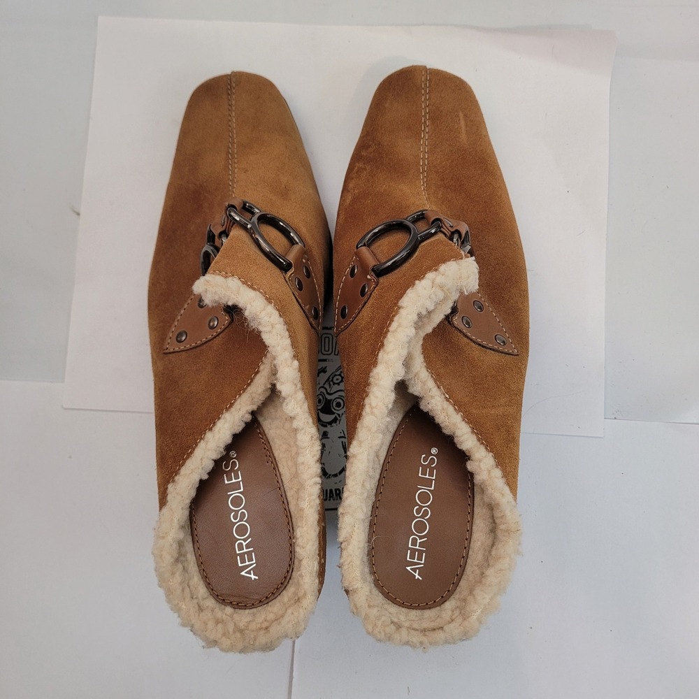 Aerosoles Cinchshearly Mules Women 9.5M Brown Suede Shearling Lined Block Heel - Picture 13 of 13